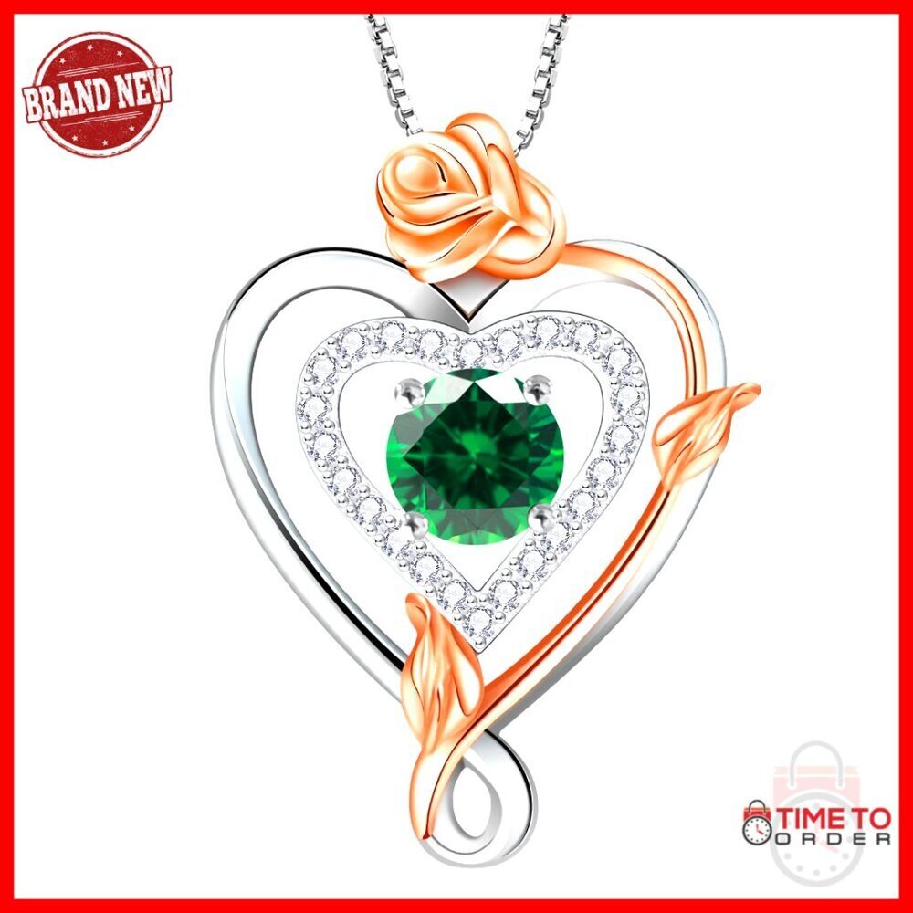 Sterling Silver Infinity Heart Rose Pendant Necklace with Birthstone